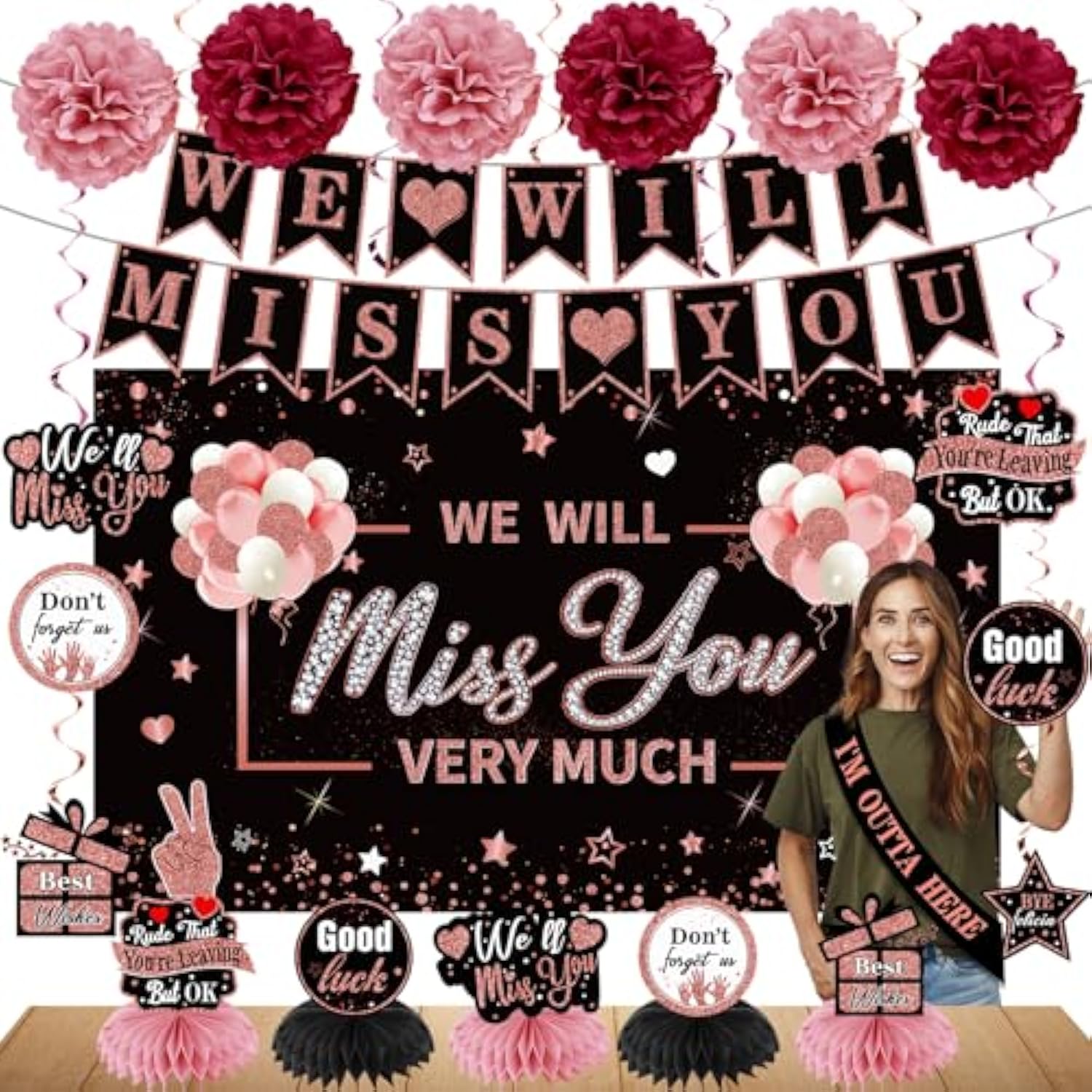 Retirement Party Kit for Women, Rose Gold Farewell Banner, Table Toppers & Decor