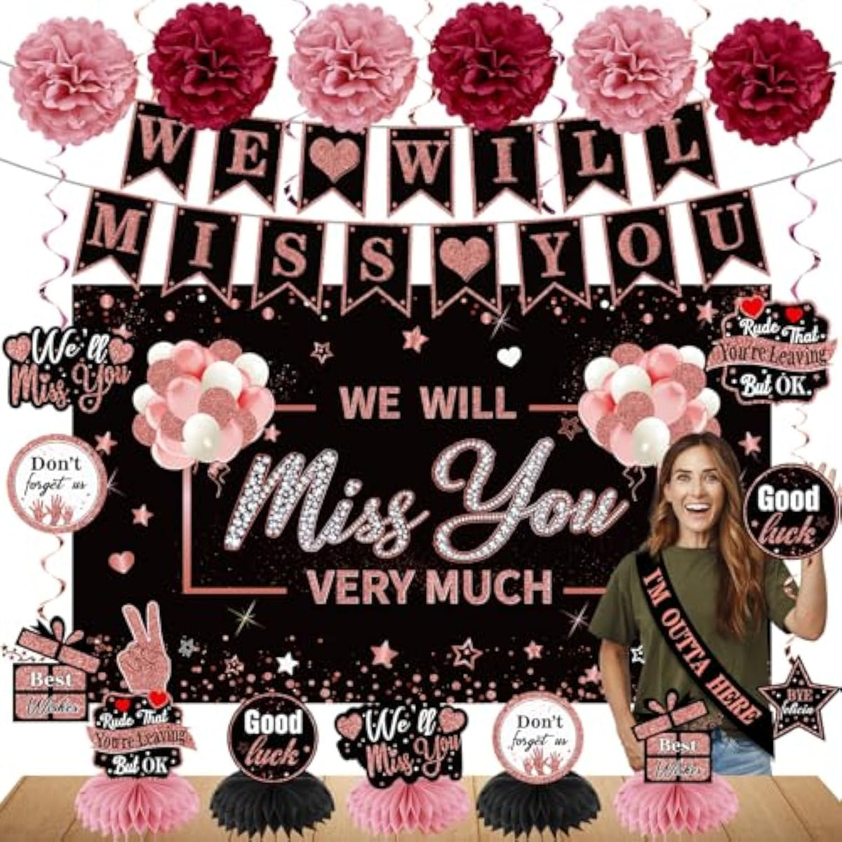 Retirement Party Kit for Women, Rose Gold Farewell Banner, Table Toppers & Decor