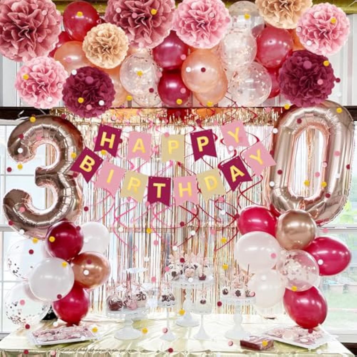 Pink Burgundy Birthday Décor Kit – Balloons, Pom Poms & Banner Set