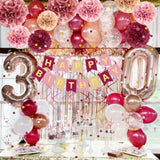 Pink Burgundy Birthday Décor Kit – Balloons, Pom Poms & Banner Set