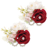 Dark Red Rose Wrist Corsage, Pack Of 2 Pcs Wedding Bridal Wrist Flower Corsage Hand Flower Artificial Silk Rose Decor For Prom Party Wedding (Dark-Red, 2Pcs).