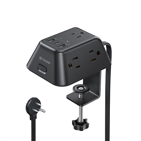 Desk Clamp Power Strip 5 Outlets 3 USB Ports 6FT Extension Cord Wall Mount Charging Station Black