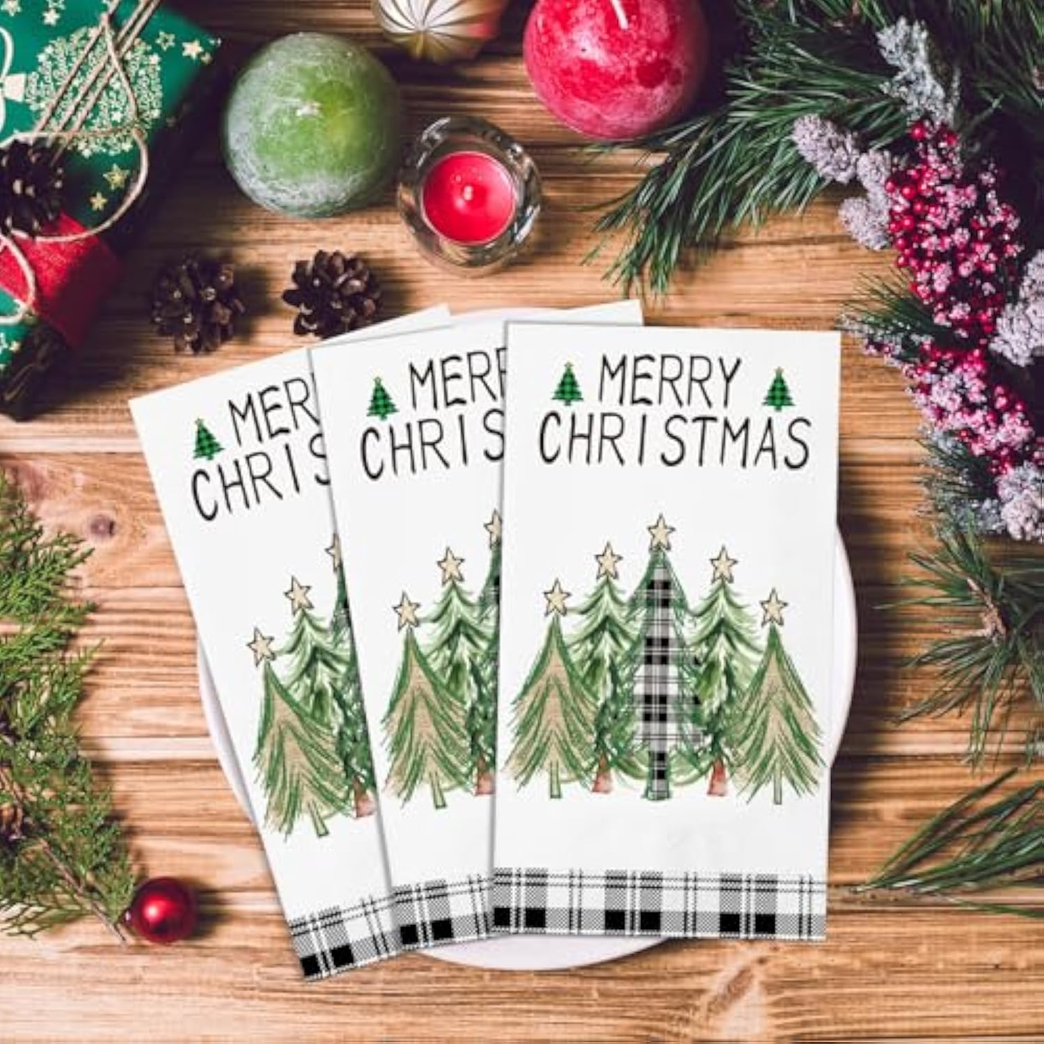 100 Pcs Christmas Tree Beverage Napkins Disposable Hand Towels For Bathroom 3 Ply Christmas Paper Napkins Xmas Tree Buffalo Plaid Napkins For Winter Holiday Wedding Birthday Party(Classic)