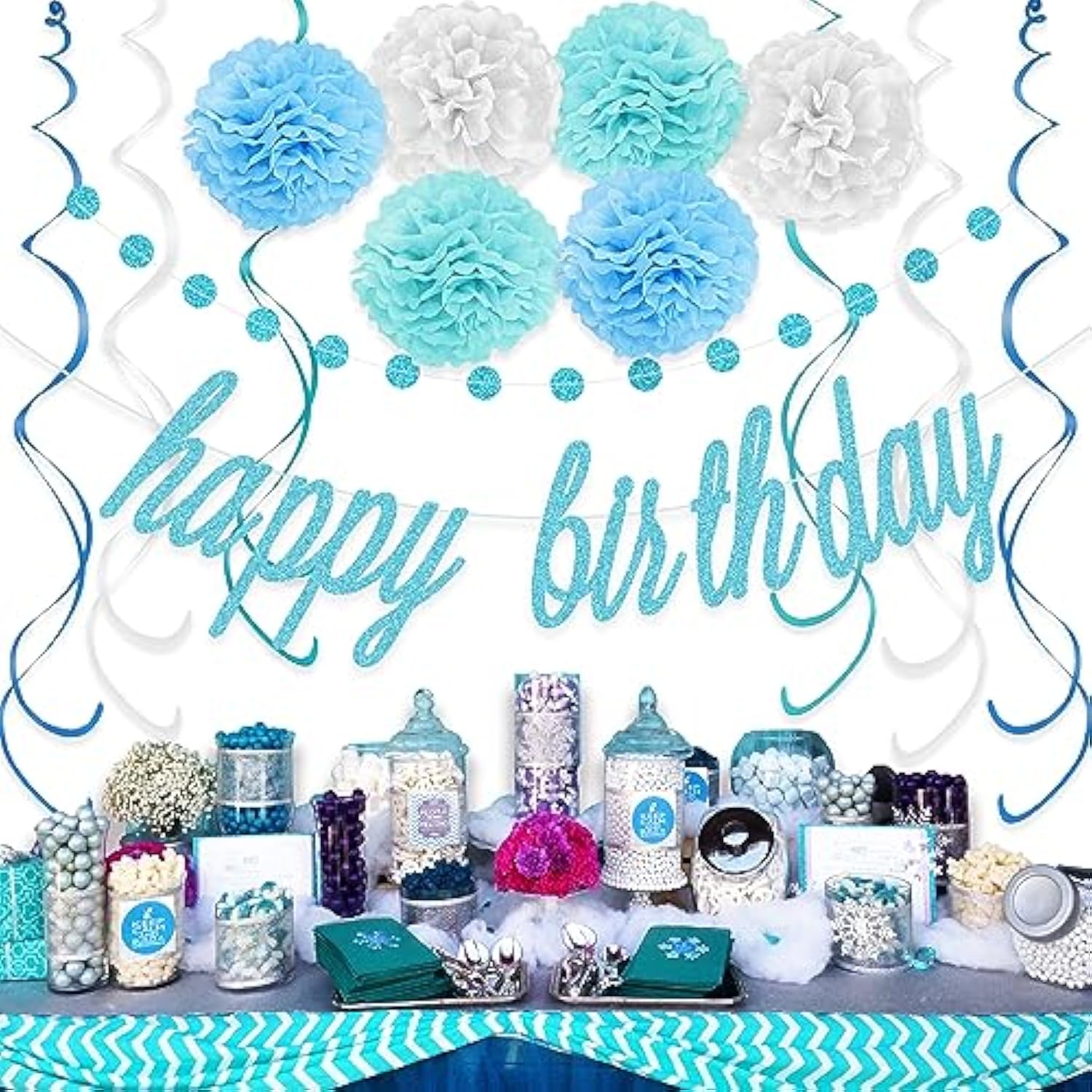 Blue Happy Birthday Decorations – Blue Happy Birthday Banner, Paper Pom Poms, Hanging Swirls And Glitter Circle Dots Garland For Birthday Party Decorations
