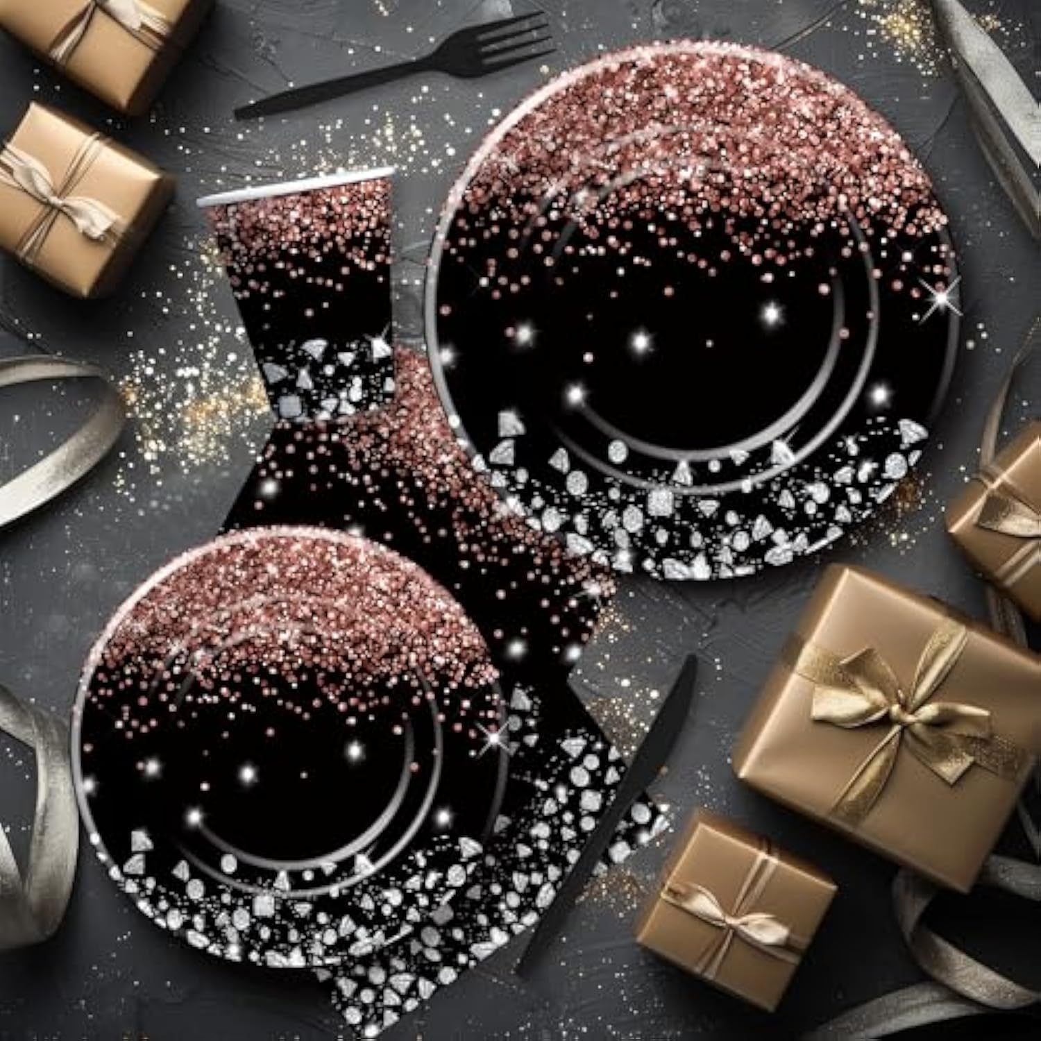 Rose Gold And Black Party Decorations Tableware - Glitter Diamond Theme Rose Gold Party Supplies For Wedding Bridal Shower Birthday, Paper Plate, Cup, Napkin, Cutlery | Serves 24