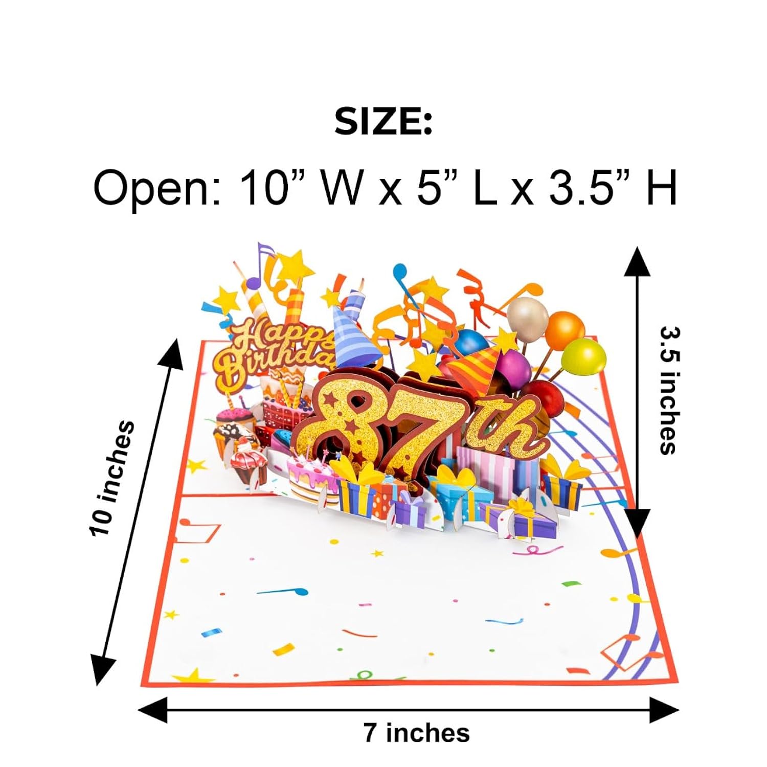 3D Pop Up Happy 87Th Birthday Card – Red Design With Glitter Numbers, Balloons, Cakes & Gifts – Unique Bday Card For Dad, Mom, Husband, Wife, Man Or Woman – 5" X 7"