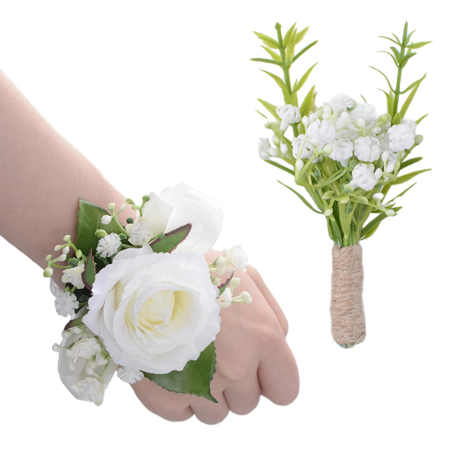 2Pcs White Baby’S Breath Corsage Wrist Flower Artificial Hand Flower And Boutonniere Set For Homecoming Graduation Prom Bridal Wedding Party