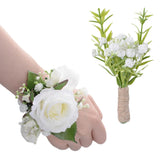 2Pcs White Baby’S Breath Corsage Wrist Flower Artificial Hand Flower And Boutonniere Set For Homecoming Graduation Prom Bridal Wedding Party