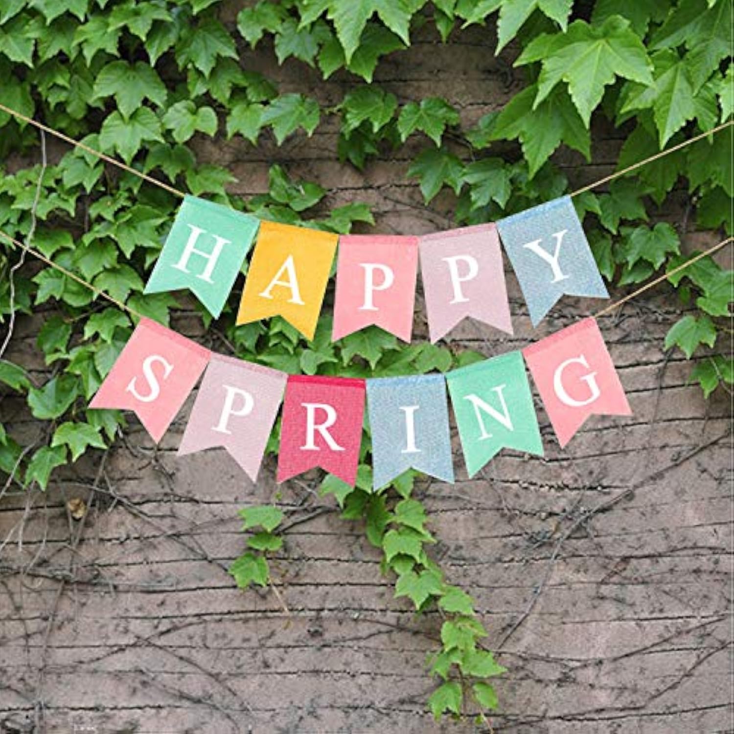 Rustic Linen Happy Spring Banner Fireplace Mantel Bunting Garland Decoration