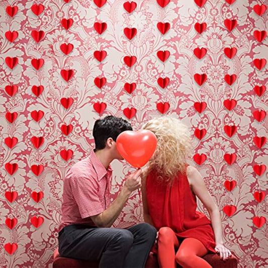 Red Valentines Day 3D Heart Garland Valentines Day Heart Hanging String Garland, 3D Heart Valentine'S Day Hanging Garland Decorations For Happy Valentine'S Day Party Decorations - 4 Pack