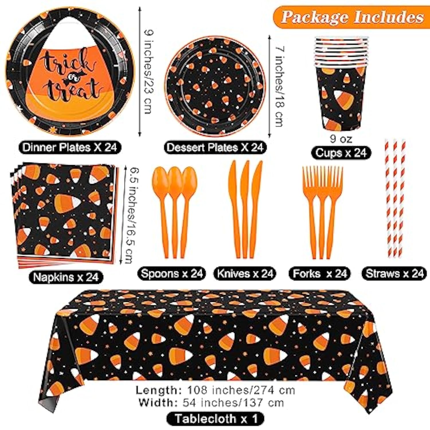 193 Pc Candy Corn Halloween Party Set – Plates, Cups & More for 24 Trick-or-Treat Guests