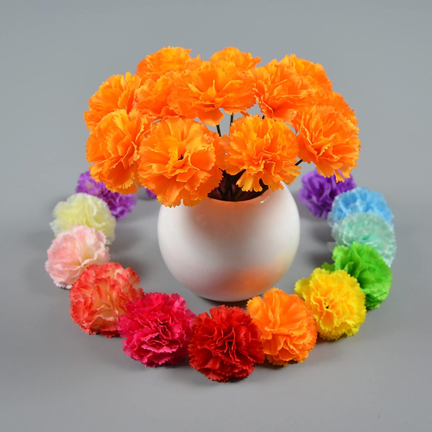 50 Pcs Marigold Flower Heads Bulk, Silk Marigolds With Stems Artificial Mexican Flowers For Diwali Day Of The Dead Dia De Los Muertos Ofrenda Decor