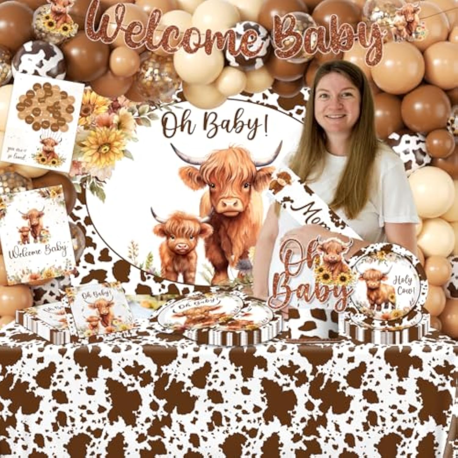 Highland Cow Baby Shower Decorations Include Brown Holy Cow Print Plates And Napkins, Banners, Cake Topper, Tablecloth, Balloon, Highland Cow Birthday Decorations For Boy Baby Shower Cow Themed Party