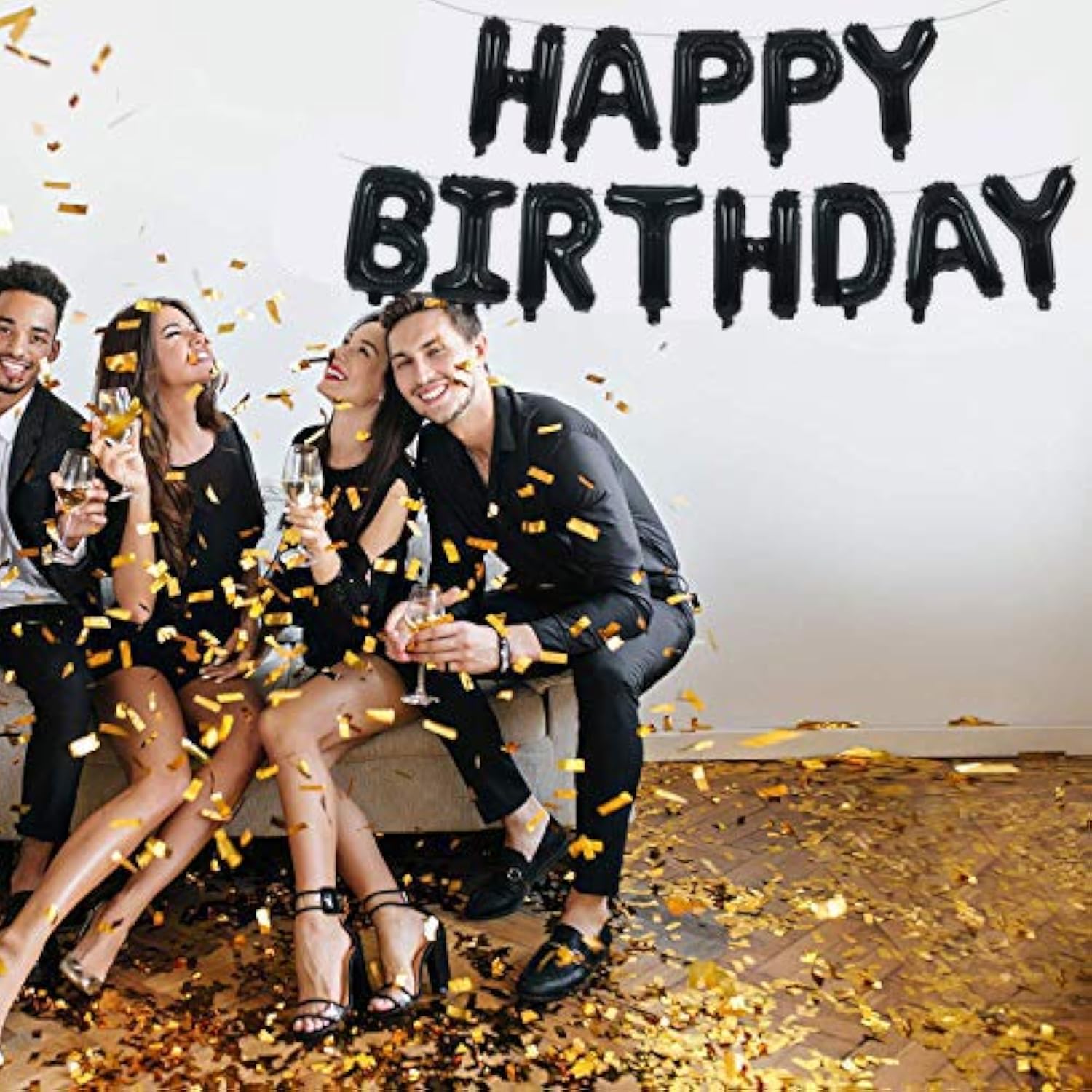 Black Happy Birthday Balloons Banner 16" Mylar Foil Letters Reusable Party Decor