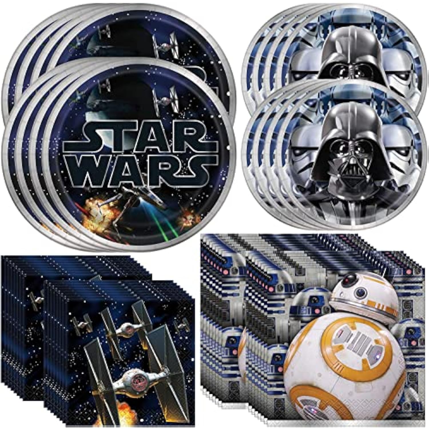 Unique Star Wars Dinnerware Party Bundle - 16 Luncheon & 16 Beverage Napkins, 8 Dinner & 8 Dessert Plates - Star Wars Birthday Party Decorations