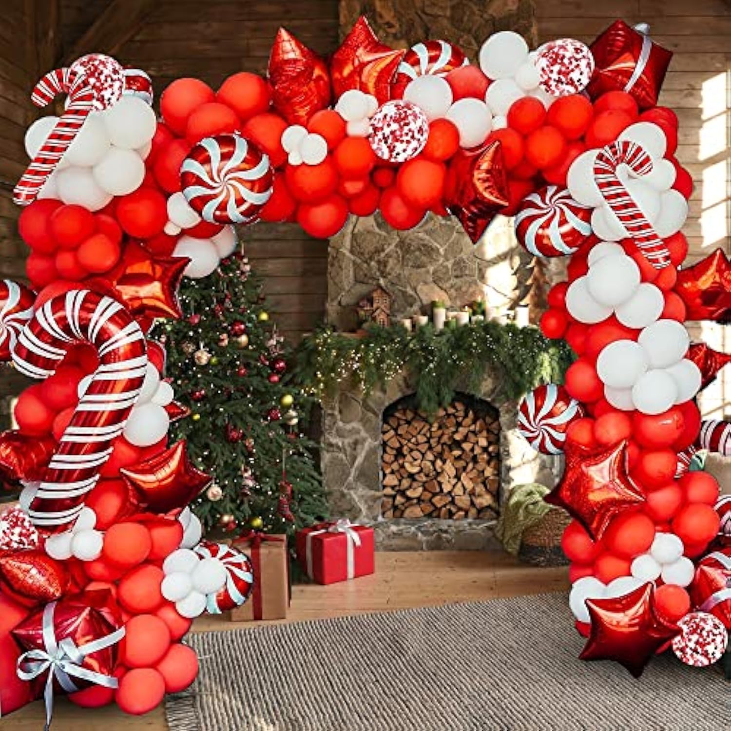 175Pcs Christmas Balloon Arch Kit - Includes Red, White, Candy Cane & Confetti Balloons, Tools Kit For Christmas Party Decorations