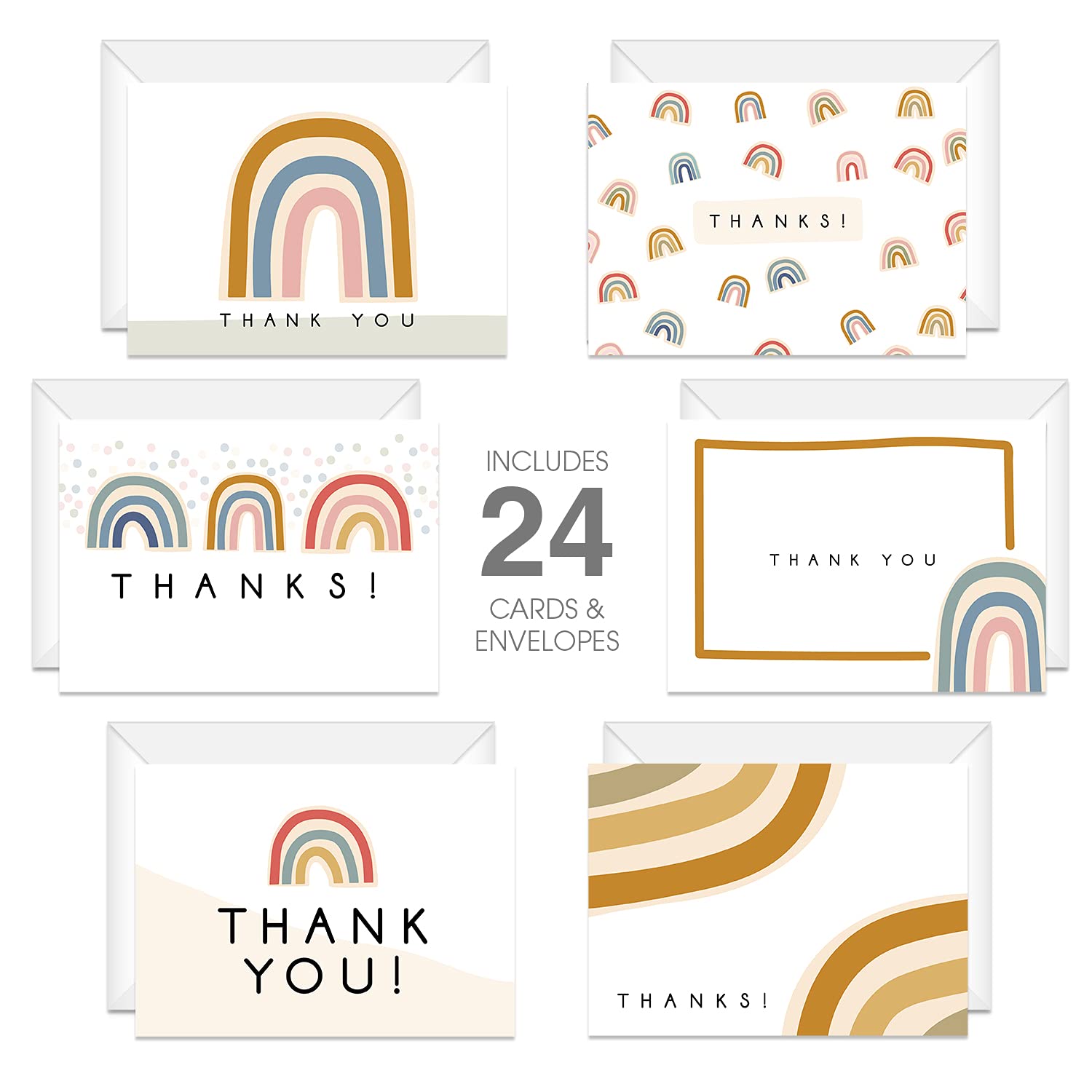 Modern Rainbow Thank You Cards / 24 Baby Shower Birthday Note Cards With White Envelopes / 6 Adorable All Occasion Thanks Greeting Card Set Designs / 3 1/2" X 4 7/8" Appreciation Gratitude Cards