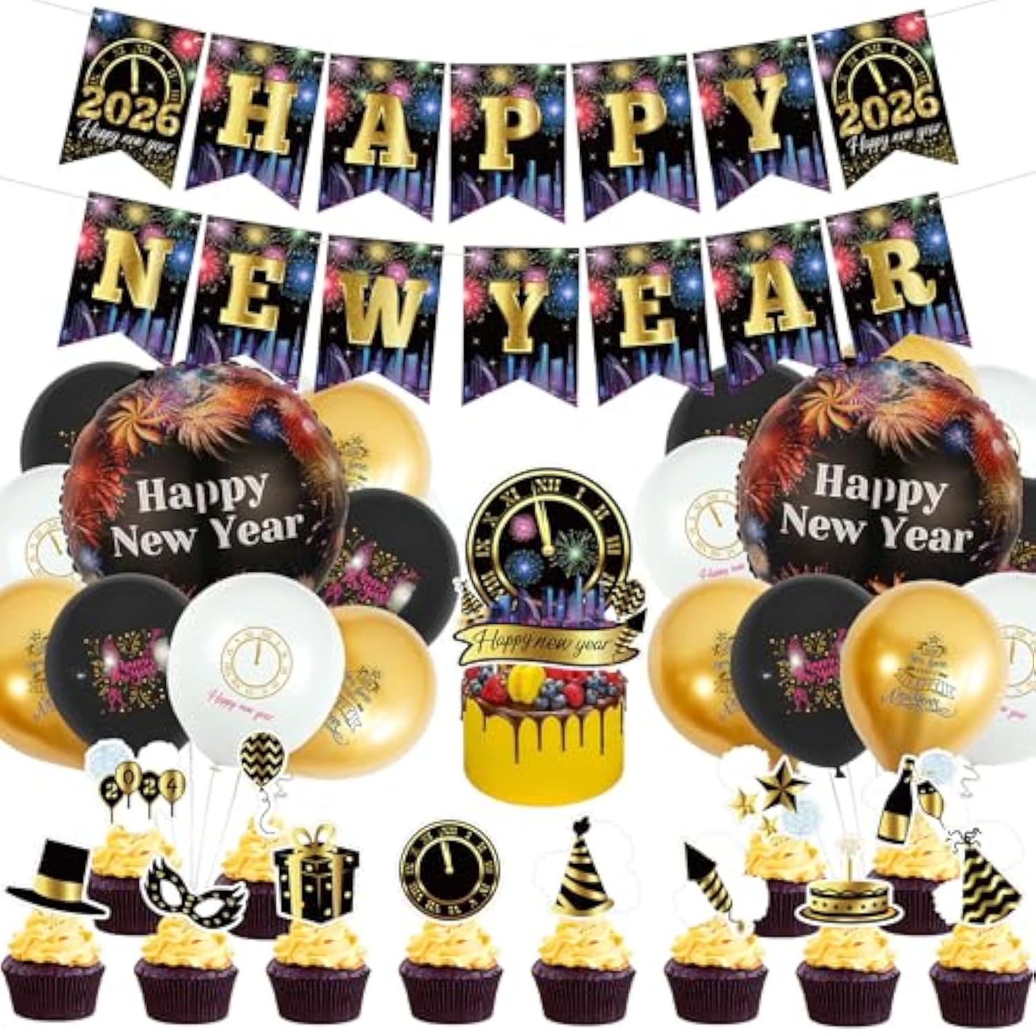 New Year’s Eve 2026 Party Supplies Banner Fireworks Balloons Decor