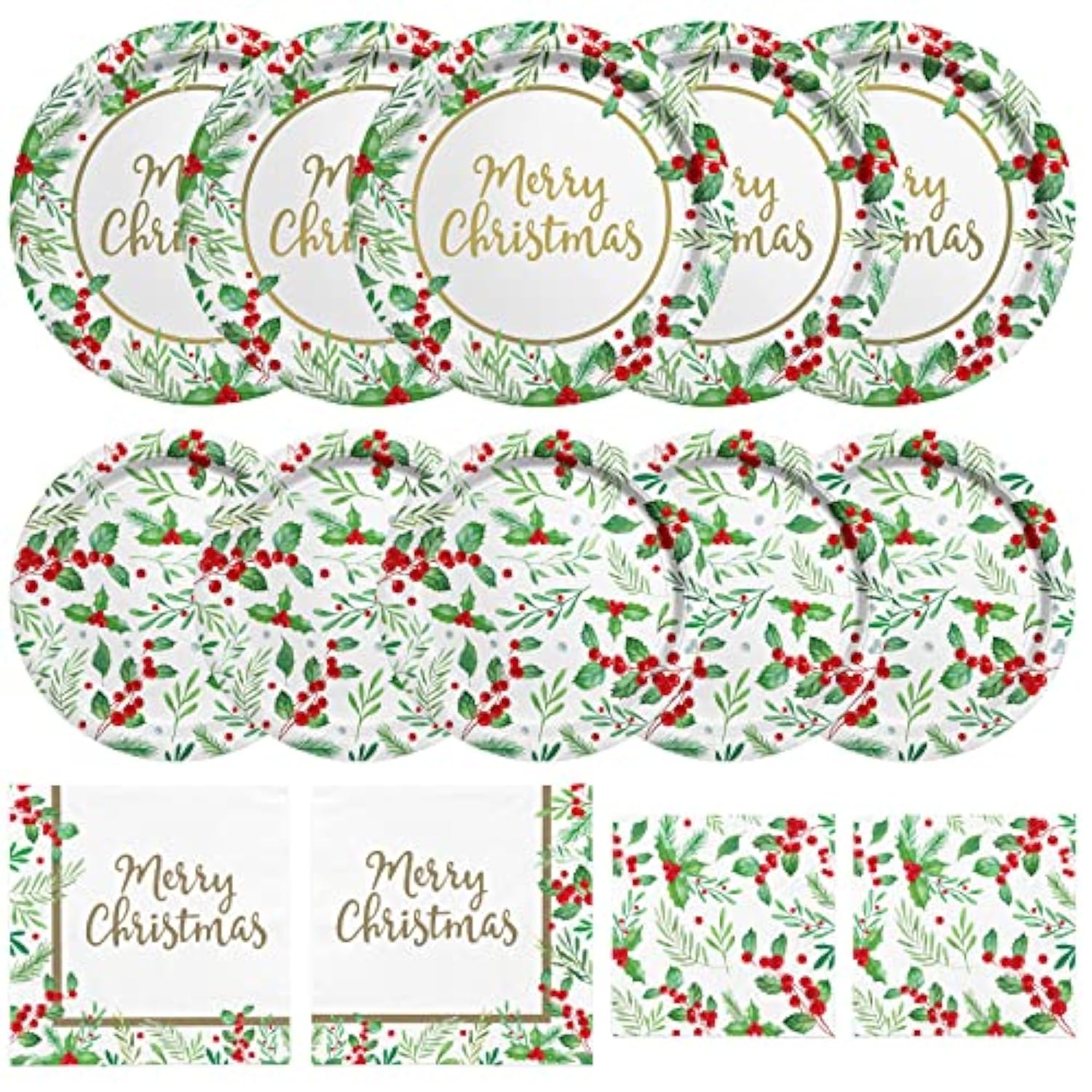 Christmas Party Supplies, Serve 50, Christmas Seasonal Holly Tableware Includes: Paper Dinner Plates, Dessert Plates, Luncheon Napkins And Beverage Napkins, Great For Party Decorations