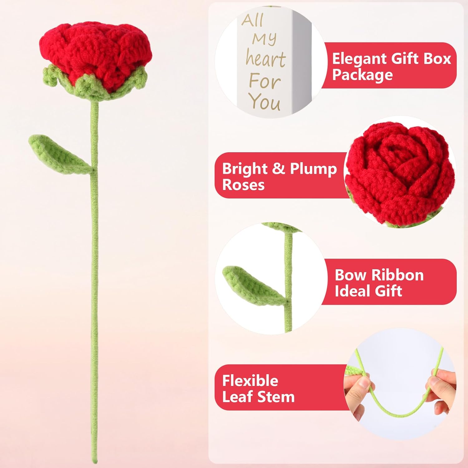 Handmade Crochet Red Rose, Knitted Bouquet Rose, Artificial Rose For Girl, Perfect For Birthday, Thanksgiving Day, Christmas, Anniversary, Valentine'S, Mother'S Day, Wedding Decor, Performance Props