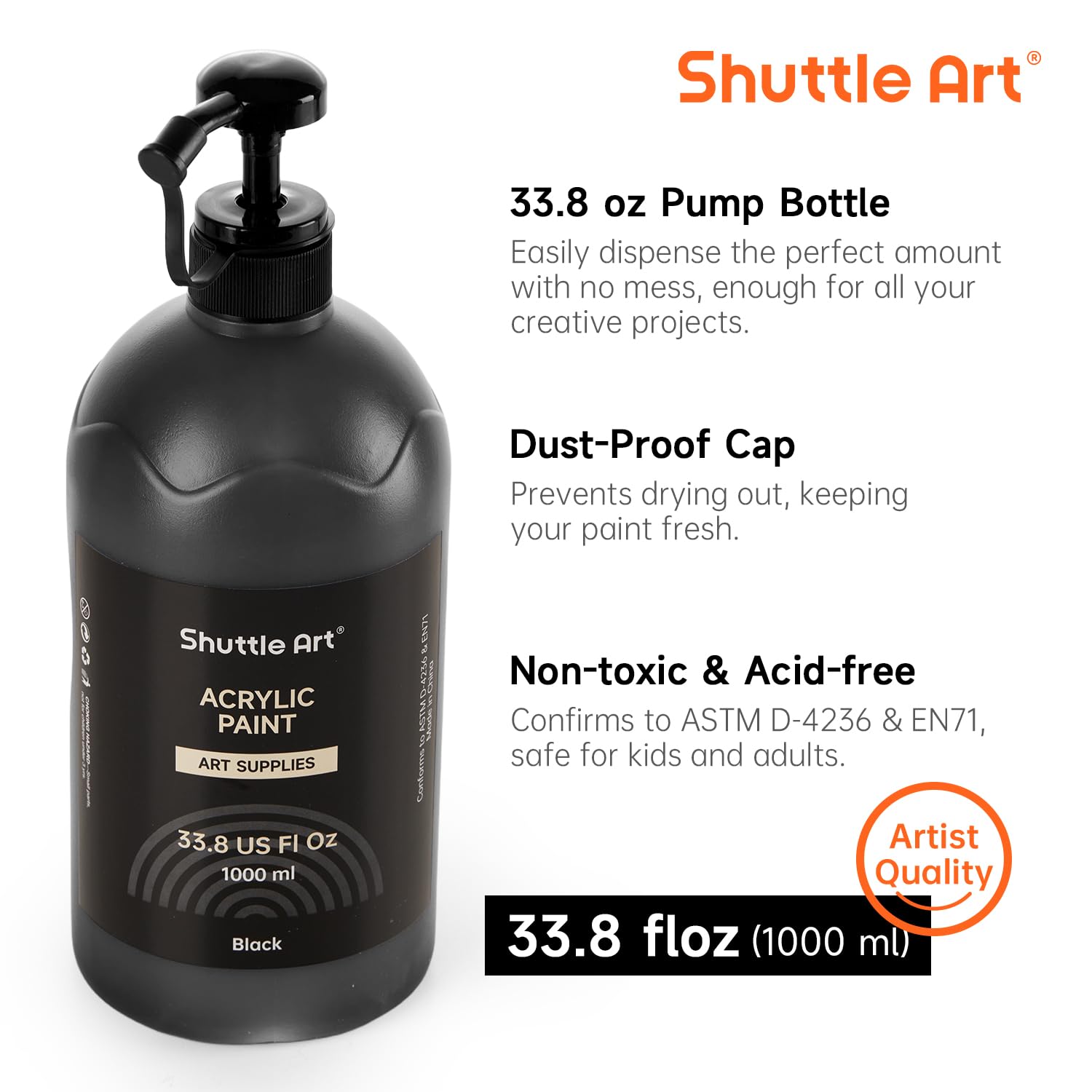 Black Acrylic Paint, 33.8Oz/1000Ml Large Capacity Pump Bottle With Cover, High Coverage True Black, Fast Drying Non-Toxic Art Paint For Artists, Students, Kids & Diy Crafts