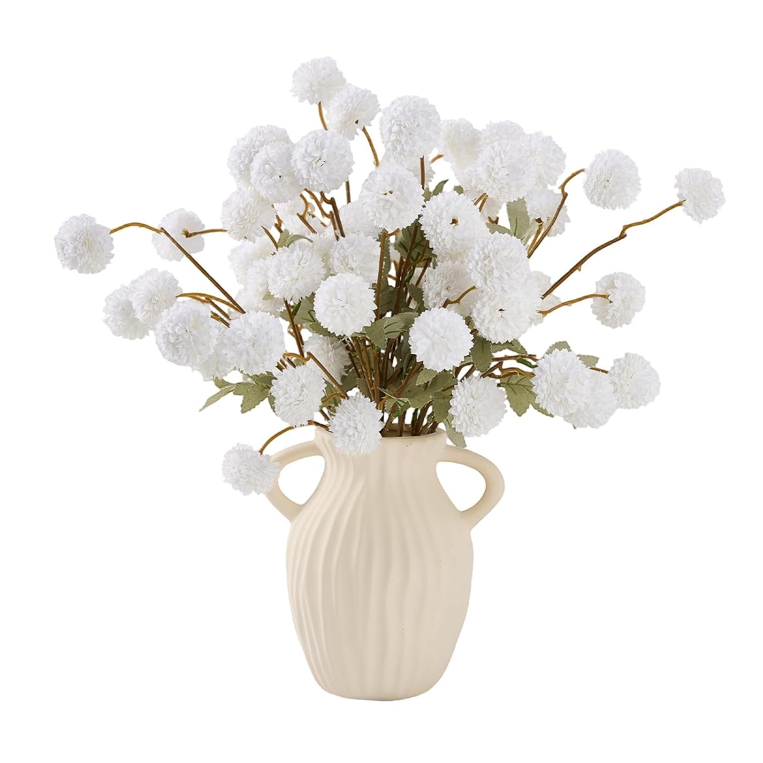White Faux Kiku Flower,10 Stems Artificial Chrysanthemum Flowers With Eucalyptus, Fake Long Stem Mums Balls Arrangements, Dried Pompom Hydrangea For Vase, Centerpiece?Aesthetic Room Decoration