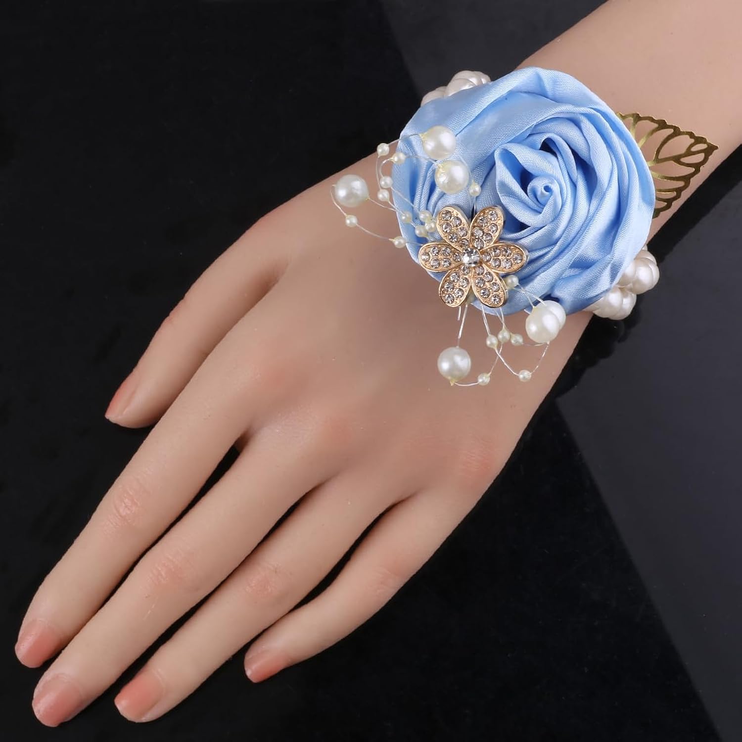 5Pcs Pearl Beaded Satin Wrist Corsage Artificial Flowers, Women Corsages Wristlet Décor For Prom/Wedding/Anniversary, Etc. (Baby Blue)