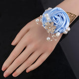 5Pcs Pearl Beaded Satin Wrist Corsage Artificial Flowers, Women Corsages Wristlet Décor For Prom/Wedding/Anniversary, Etc. (Baby Blue)