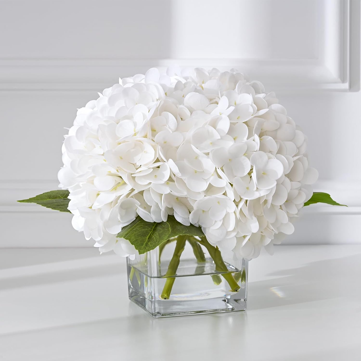 Luxury Pu Fake Flowers In Vase With Faux Water, White Real Touch Hydrangea Artificial Flowers With Glass Vase For Office Home Dining Room Centerpiece Table Decorations