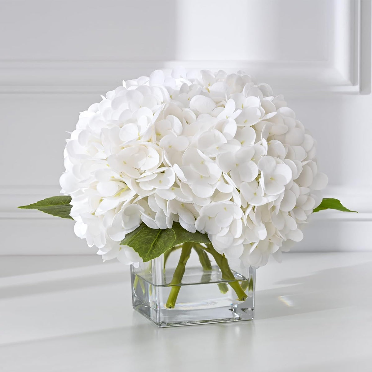 Luxury Pu Fake Flowers In Vase With Faux Water, White Real Touch Hydrangea Artificial Flowers With Glass Vase For Office Home Dining Room Centerpiece Table Decorations