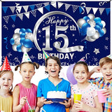 Blue Silver 15Th Birthday Banner Decorations For Boys, Happy 15 Birthd