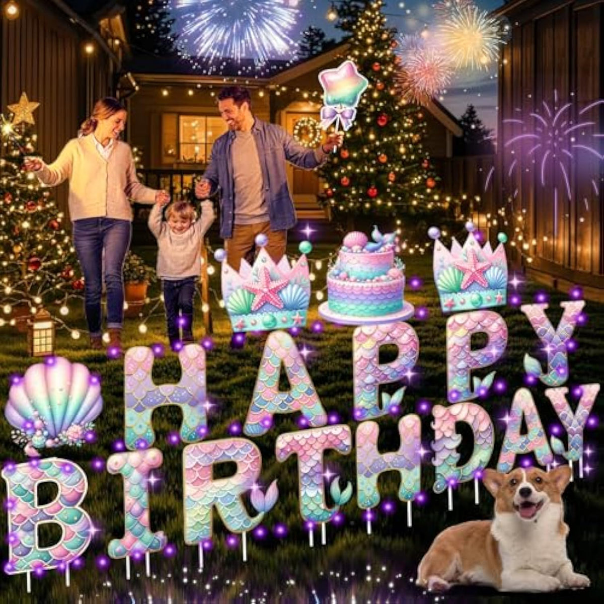 Happy Birthday Yard Sign With Led Lights, Mermaid Birthday Yard Signs Outdoor, 18 Pcs Large 16? Lawn Signs With Stakes, Weatherproof Birthday Party Decorations For Yard & Garden