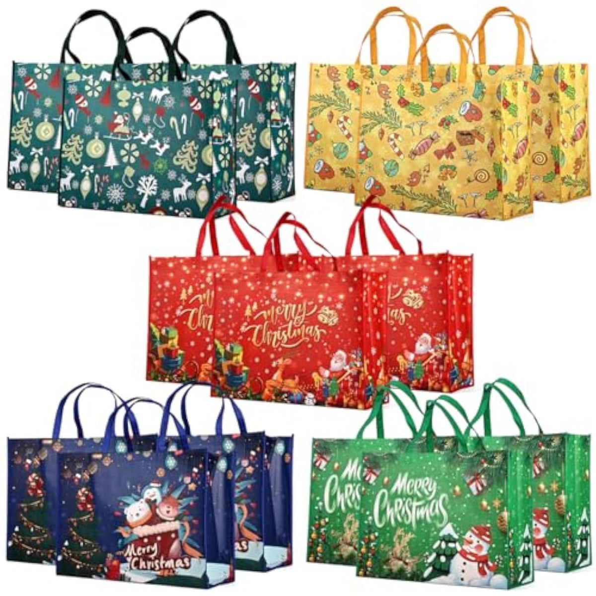 15Pcs Giant Christmas Gift Bags, Heavy Duty Treat Tote Grocery Bags With Handles, Sewing Non-Woven Jumbo Bags For Gifts Wrapping Shopping, Xmas Party Supplies, 21.26"×15.7"×7.9"