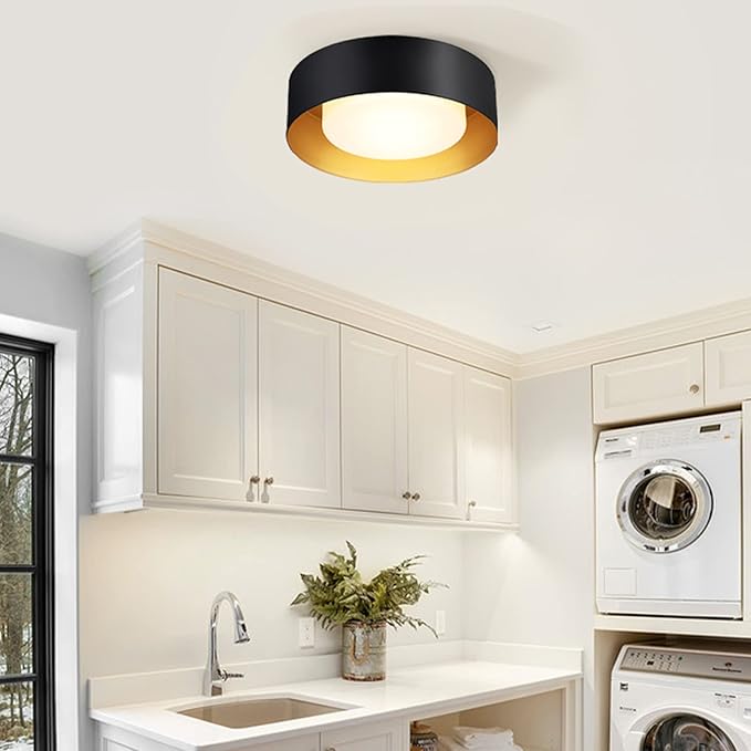Modern Black and Gold Flush Mount Ceiling Light Glass Drum Lighting Fixture for Bedroom Bathroom Dining Room
