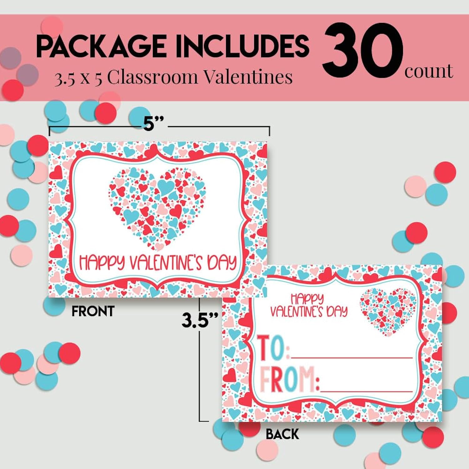 Red Pink & Blue Heart Themed Valentine'S Day Cards For Kids To Give To Friends & Classmates, Thirty (30) 3.5" X 5" Fill In Cards (Without Envelopes) By Amandacreation
