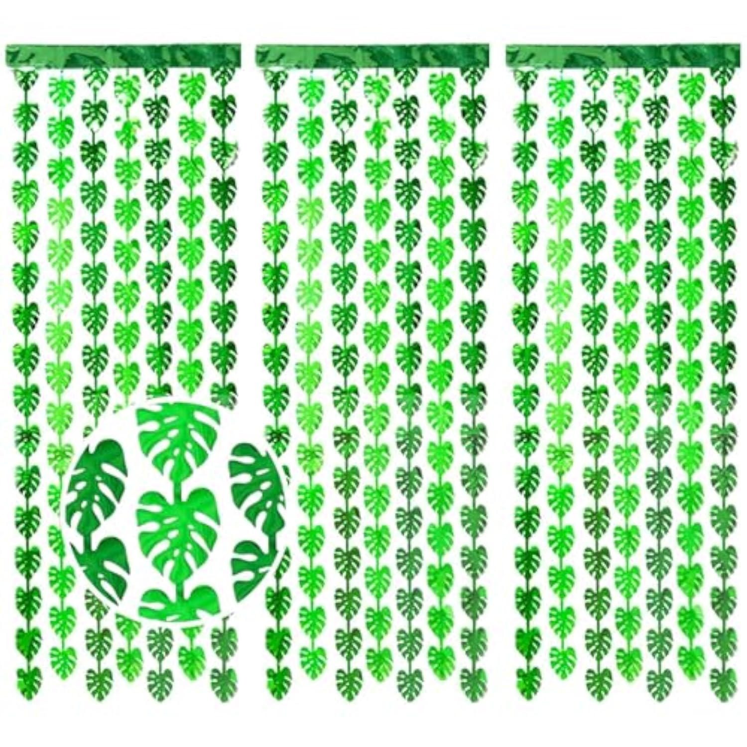 3-pack jungle leaf foil fringe curtains 3.3x6.6ft for safari party decor