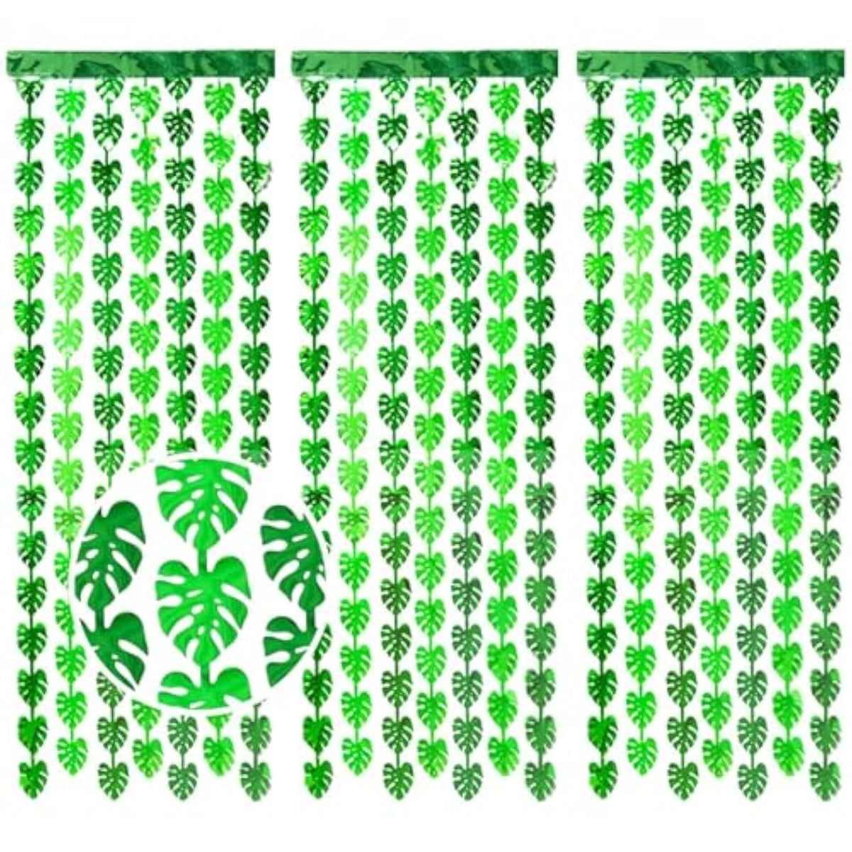 3-pack jungle leaf foil fringe curtains 3.3x6.6ft for safari party decor