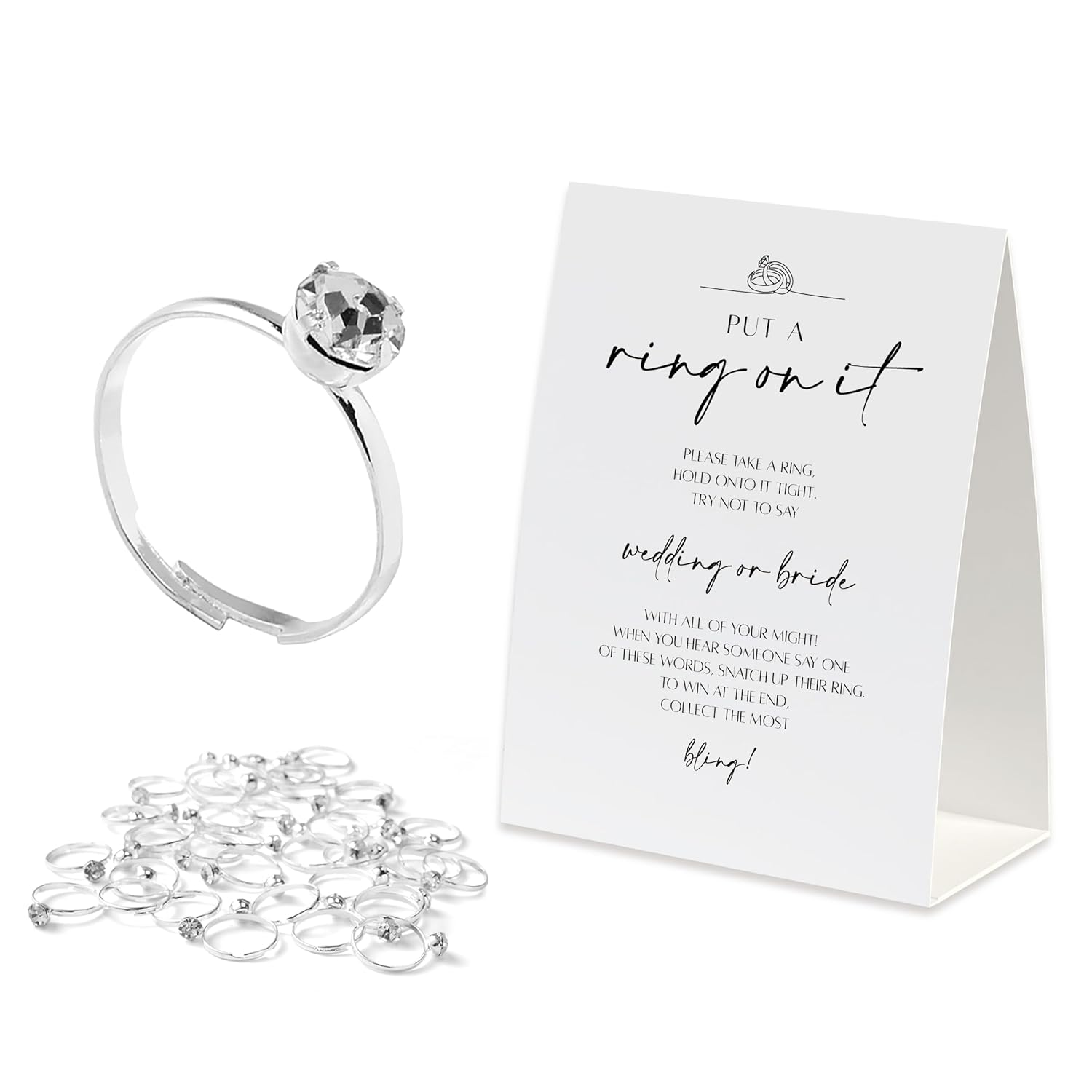 Put A Ring On It Bridal Shower Game(One Sign With 50 Rings), Minimalist Sign With Fake Rings, Wedding Games, Bridal Shower Games-Weeds05