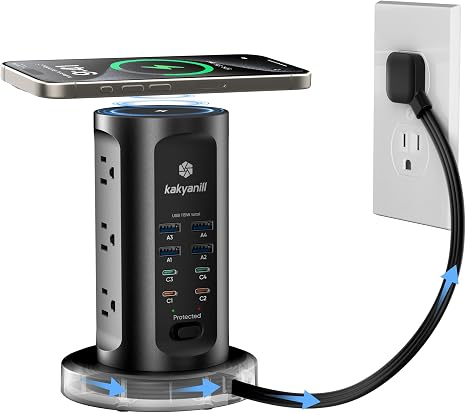 115W Power Strip Tower 9 Outlets 8 USB Ports 6FT Retractable Cord Black