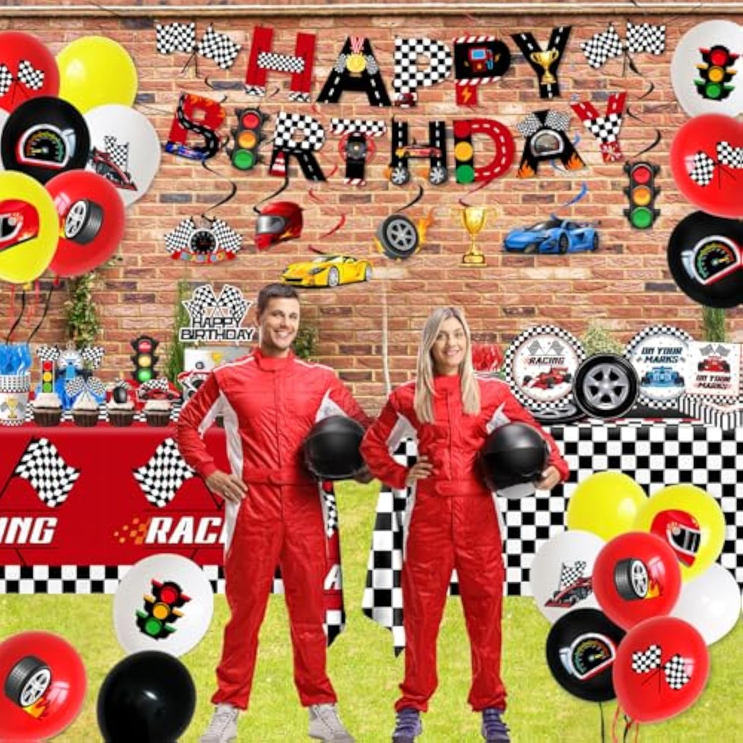 Race Car Birthday Party Decorations, All-In-1 Cars Birthday Decorations With Balloons Checkered Plates Napkins Cake Toppers Honeycombs Tablecloths And Banner Racing Decorations For Race Day, Serve 24