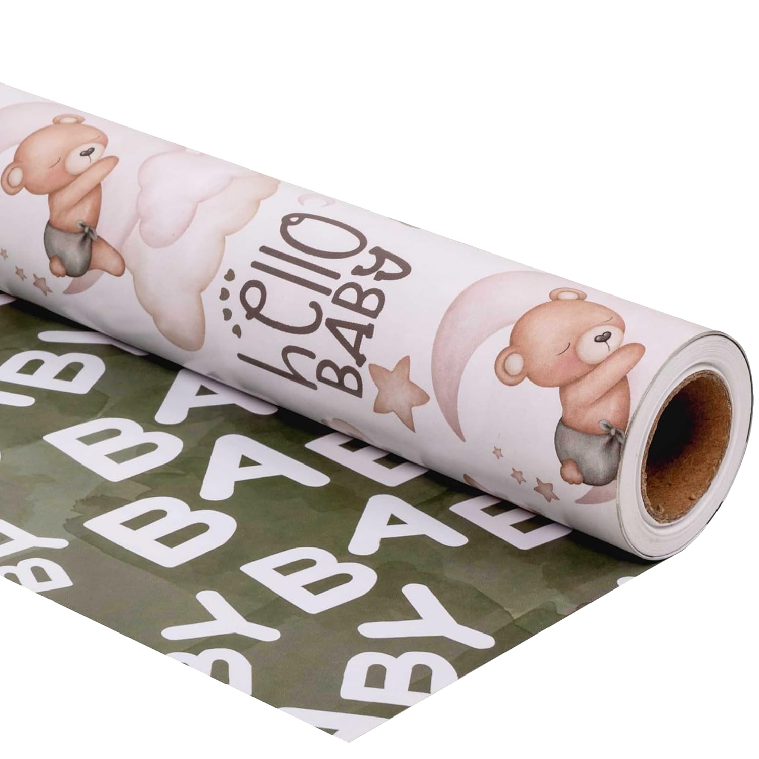 Reverible Baby Shower Wrapping Paper Roll Baby Gift Wrap Sheets With Green Brown Bear Airplane And Baby Words Pattern For Girls Boys Wedding Neutral Baby Shower Birthday Party - Total 28.5Sq.Ft