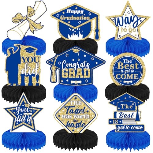 Graduation Centerpieces for Tables, 9Pcs Graduation Table Decorations, 3D Royal Blue Congrats Grad Honeycomb Centerpieces Table Toppers, Photo Props for Class of 2026 Grad Party Favors