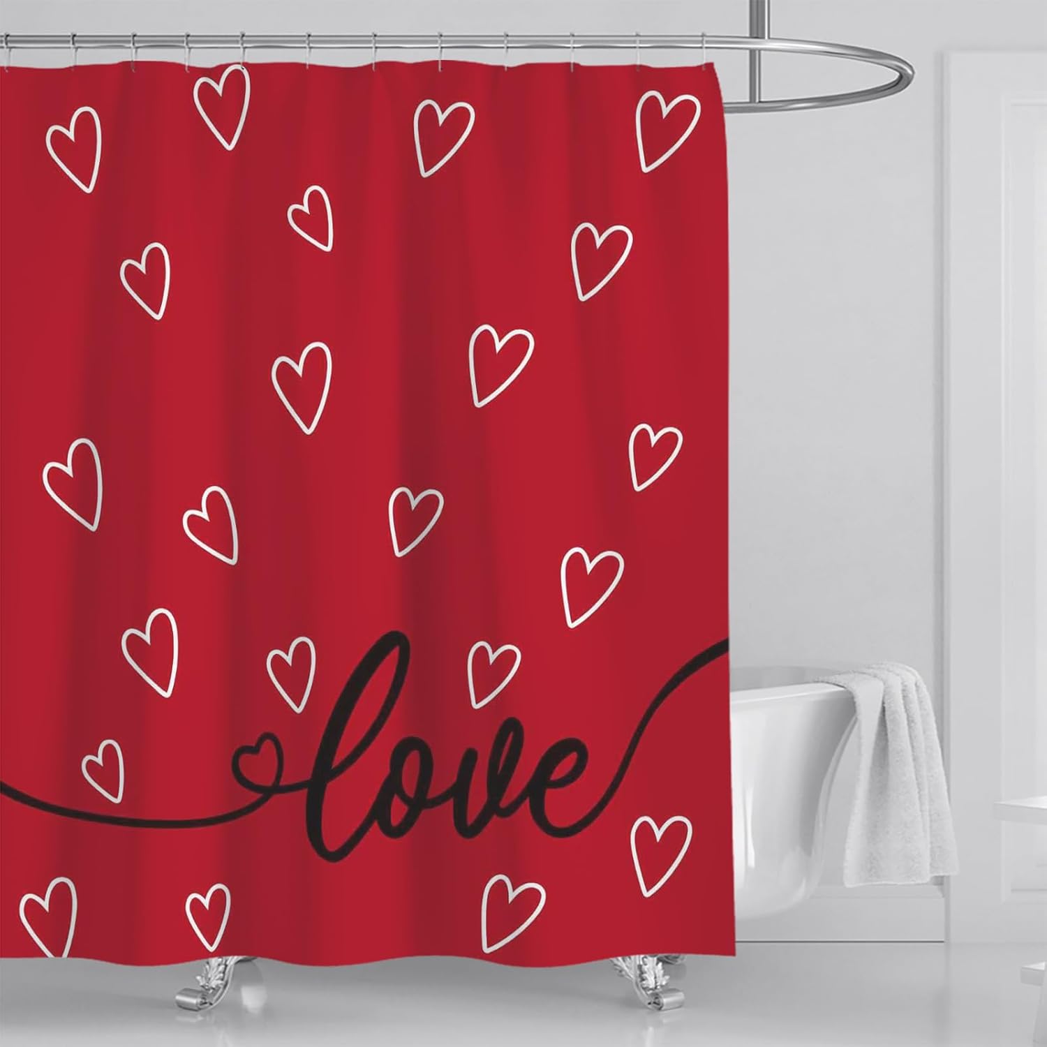 4Pcs Valentine'S Day Shower Curtain Set Love Heart Shower Curtain For Valentine'S Day Bathroom Decor With Anti-Slip Waterproof Bathtub Bathroom Rugs Toilet Lid Cover (Red)