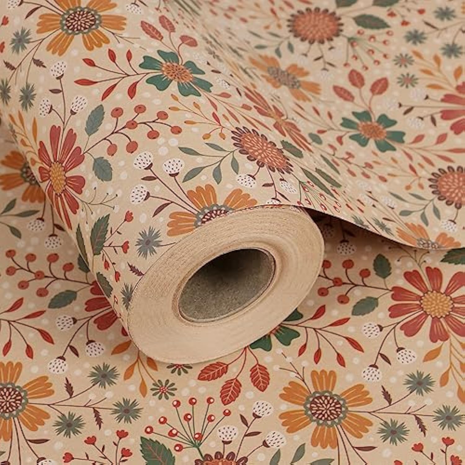 Floral Kraft Wrapping Paper Jumbo Roll, All Occasion Vintage Flower Gift Wrap For Wedding Birthday Bridal Shower, 17 Inch X 60 Ft