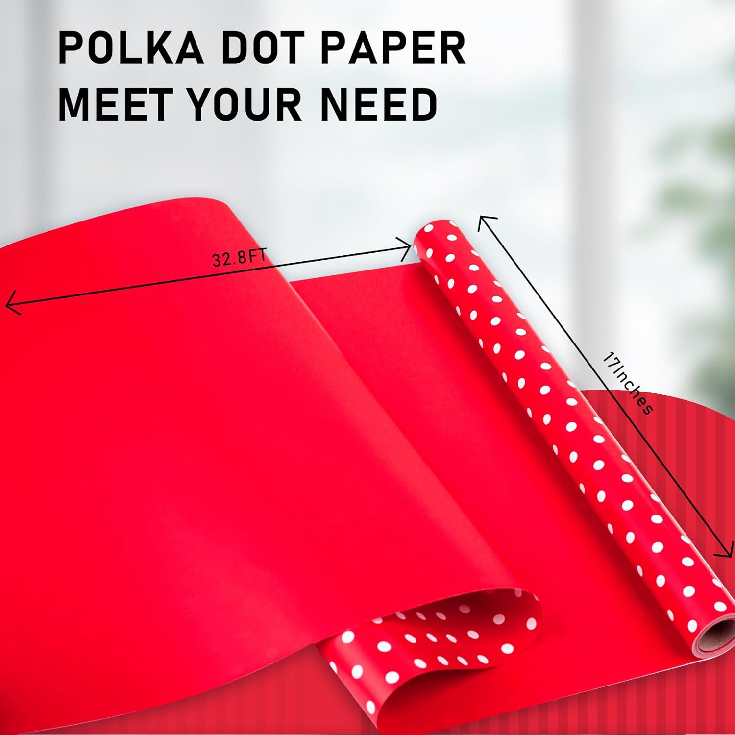 Red Wrapping Paper,Reversible Gift Wrap Paper With Polka Dot Design For Girls,Birthday,Valentine'S Day,Mother'S Day(17 Inch X 32.8 Feet)
