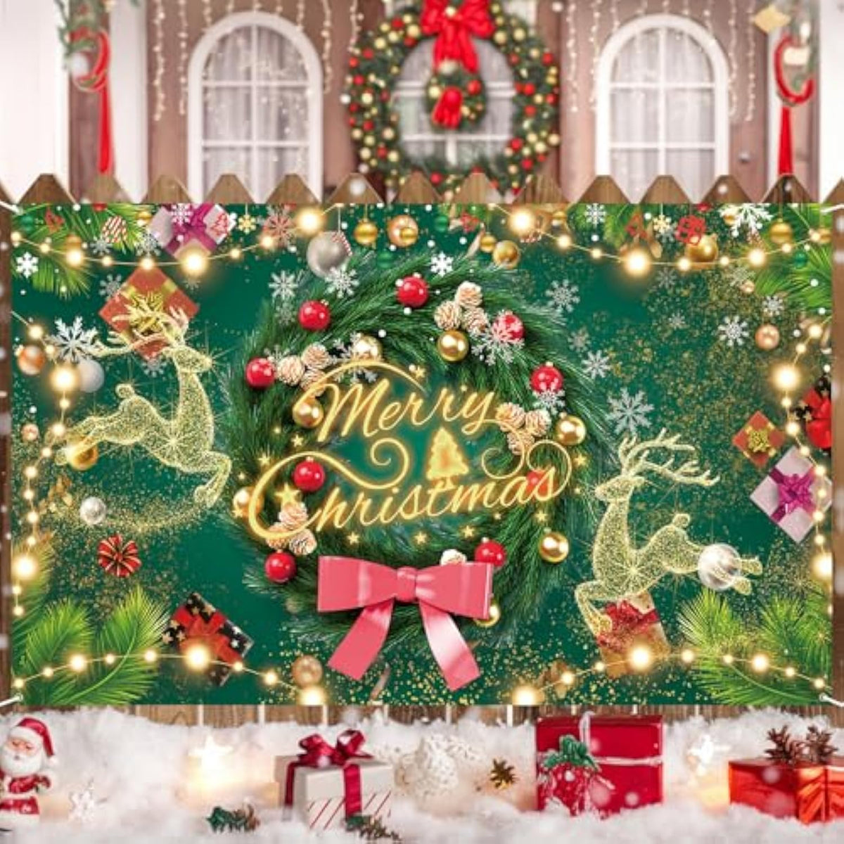 Merry Christmas Large Fabric Banner Background Sign, Green Elk Garland Xmas Banner Backdrop Photo Props For Wall Party New Year Winter Decorations