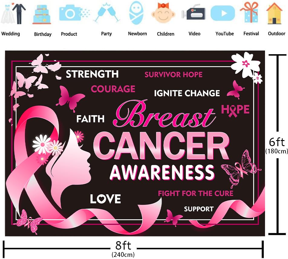 Breast Cancer Awareness Backdrop 8x6FT Pink Ribbon Butterfly Hope Banner