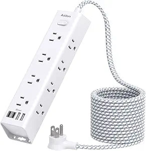 Surge Protector Power Strip with 12 Outlets 4 USB Ports 10FT Flat Plug Extension Cord 1050J
