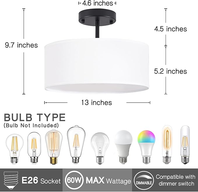 13 Inch Black Semi Flush Mount Ceiling Light Modern 3 Light Fixture