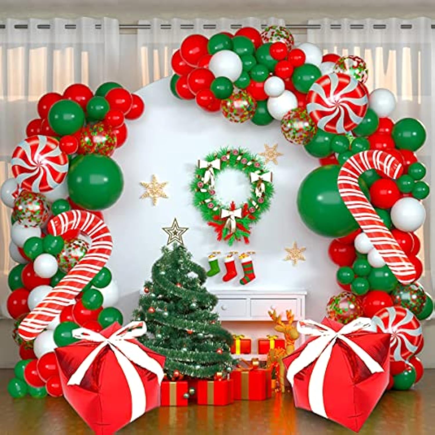 Christmas Balloons Garland Arch Kit, Xmas Red Green White Confetti Balloons With Candy Cane Foil Balloons For Christmas Party Birthday Xmas Party Decorations